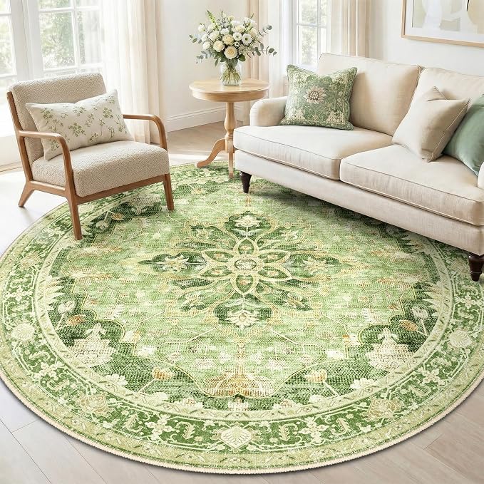 RELEANY Area Rugs Round 6ft Washable Non-Slip, Floral Vintage Distress