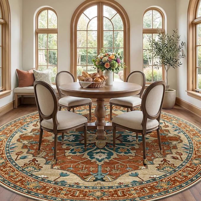RELEANY Area Rugs Round 8ft Washable Non-Slip, Floral Vintage Distress