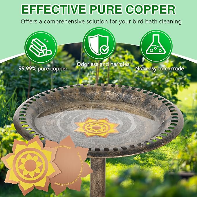 Saillong 1 Pack Bird Bath Copper Disk, Reinforced 99.99% Pure Copper Bird Bath Purification Disk for Physical Clean Water, Birdbaths Cleaner for Outdoor Birdbaths, Bowl and Garden Fountain (Petal)