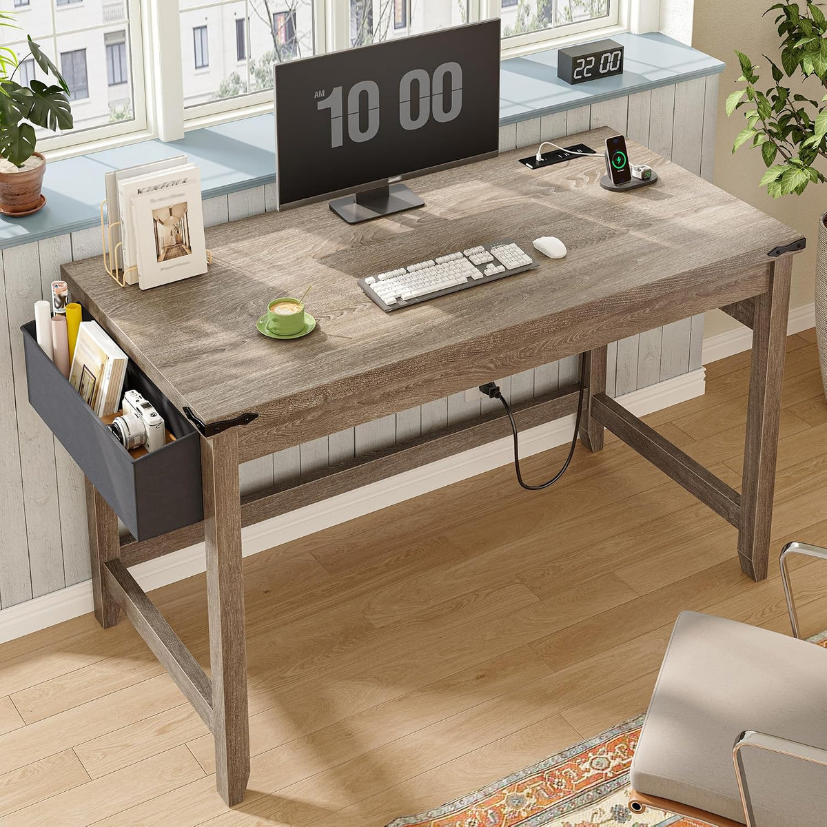 EnHomee 40" Writing Desk with Storage Bag & Power Outlet for Small Spaces