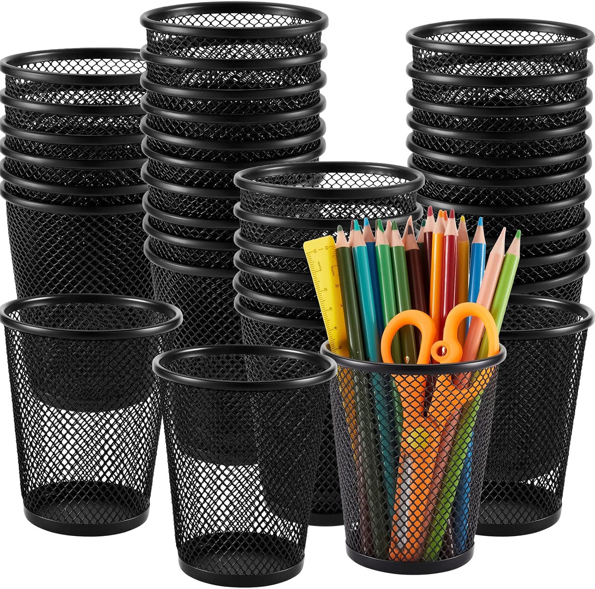 Henoyso 36 Pack Mesh Pencil Holder Wire Mesh Pen Cup Black Pen Holder for Desk Metal Pen Organizer Pencil Cup Marker Holder Makeup Brush Holders for Home Office Supplies Accessories