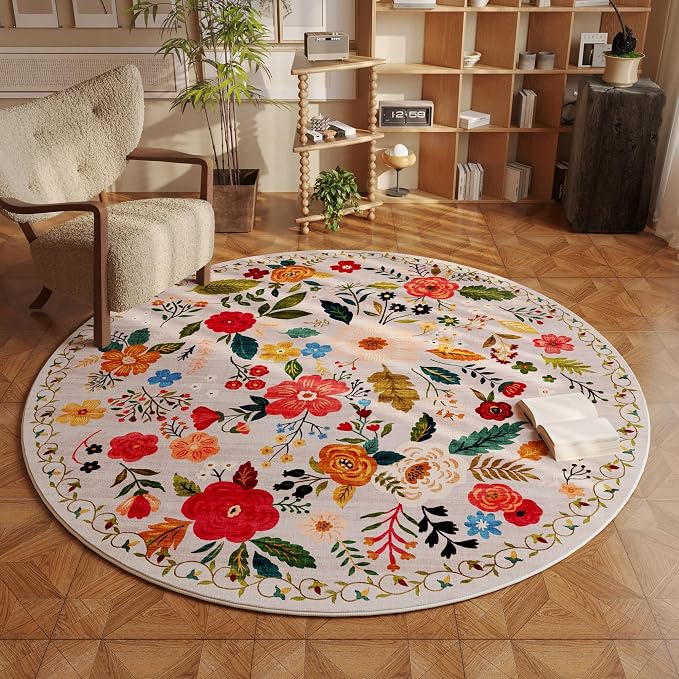 Rugcomf Round Rug 4ft Washable Circle Rug Non Slip Low Pile Boho Floral Small