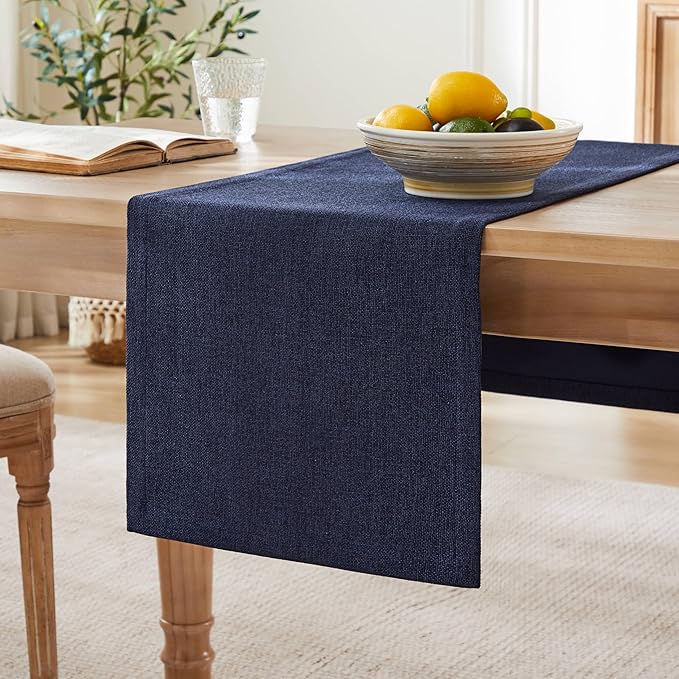 Burlap Style Farmhouse Table Runner, 14x36 Inches Navy | Thick Durable Fabric
