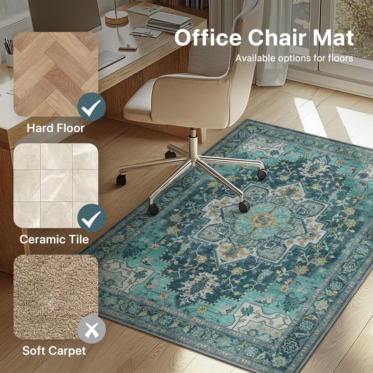 36"x48" Office Chair Mat for Hardwood Floor, Non-Slip Washable Turquoise
