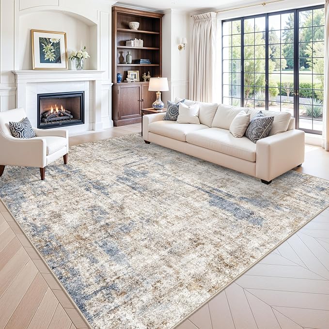 10x10 ft Square Living Room Rug – Washable Modern Abstract Area Rug