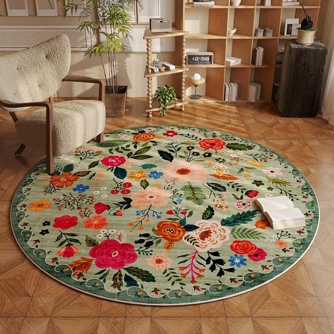 Rugcomf Round Rug 6ft Washable Circle Rug Non Slip Low Pile Boho Floral Small