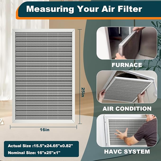 16x25x1 Reusable Air Filter, MERV 8, Permanent Electrostatic Air Filter