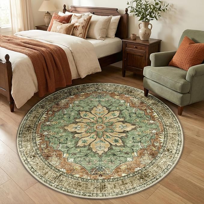 RELEANY Area Rugs Round 5ft Washable Non-Slip, Floral Vintage Distress