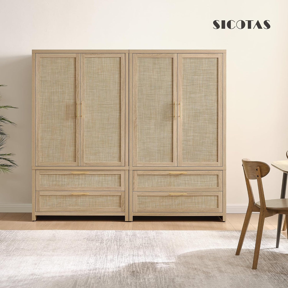 SICOTAS 71 inch Wardrobe Closet, Boho Rattan Armoire Wardrobe with Drawers