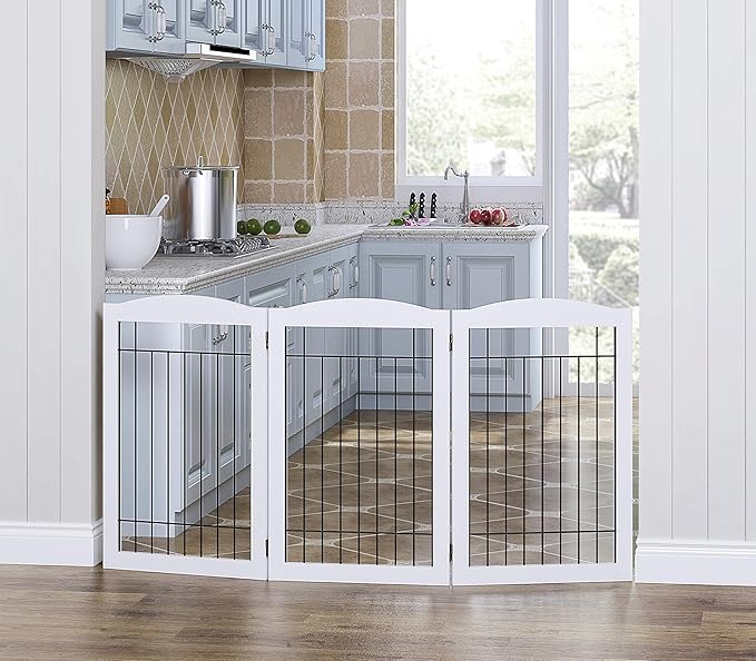 Spirich Freestanding Wire Pet Gate for Dogs, 60 inches Extra Wide, 30 inches Tall Dog Gate for The Houes, Doorway, Stairs, Pet Puppy Safety Fence, White 3 Panels