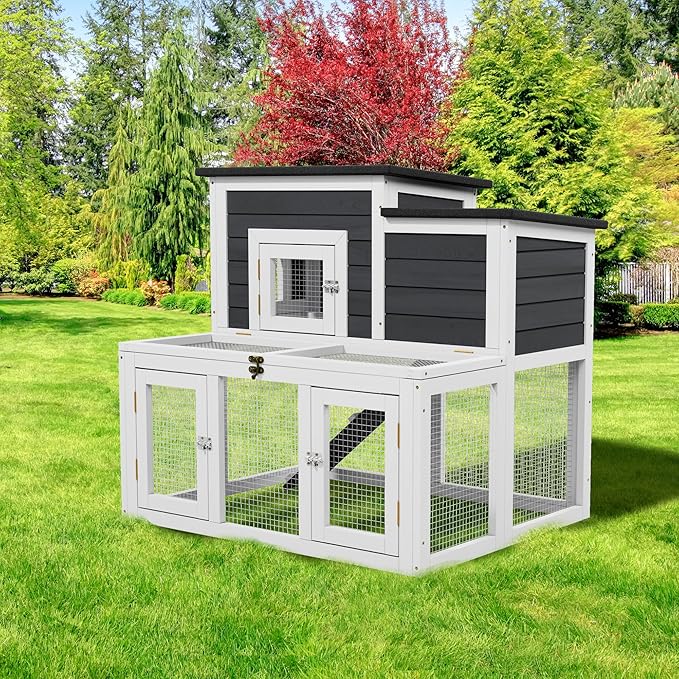 Outdoor Chicken Coops for 2-4 Chickens, All Weather Used Wooden Quail Cage Duck Coop Outdoor with Asphalt Roof, Ramp Openable Top Pull-Out Tray for Small Animals (White2)
