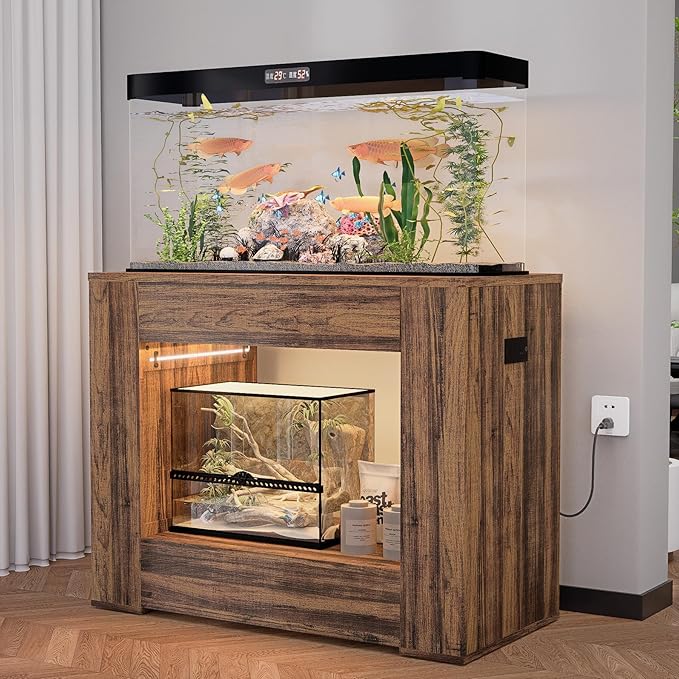 40-50 Gallon Aquarium Stand with Power Outlet,Led Light,Large Storage Drawer,Heavy Duty fish tank Stand for Turtle Tank, Turtle Reptile,Amphibians Terrarium,Rustic Brown
