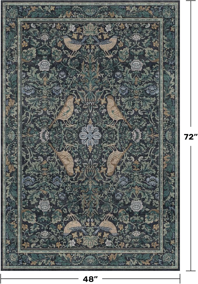 Vintage 4x6 Washable Entryway Rug, Non-Slip Low Pile Stain Resistant Carpet