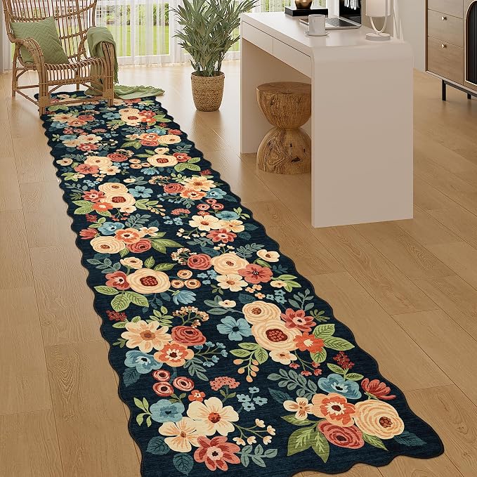 DUKINO 2.6x10 Runner Rug for Hallway, Lightweight Washable Floral Kitchen Rug