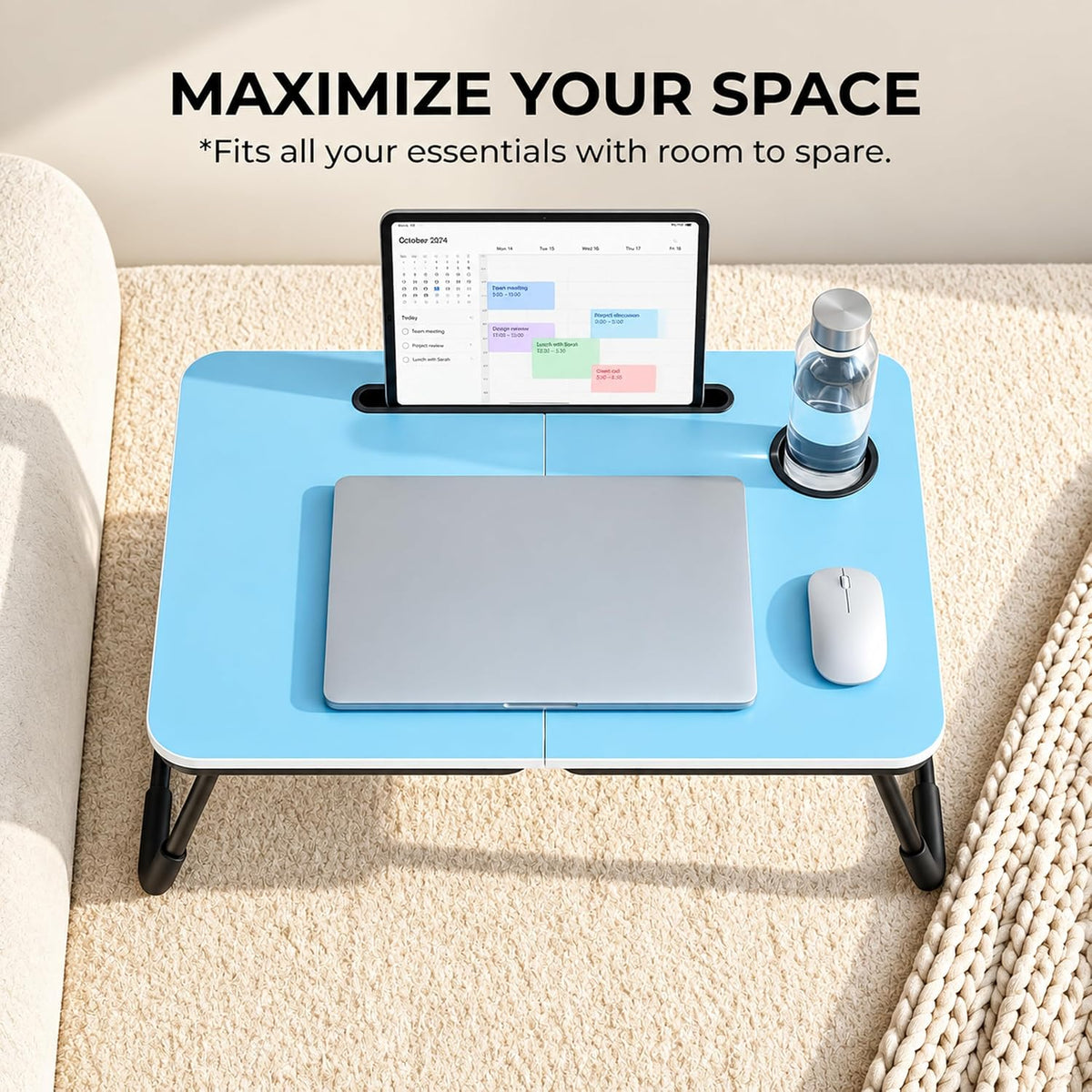 BUYIFY 23.4" Foldable Lap Desk Bed Table with Cup Holder Tray Blue