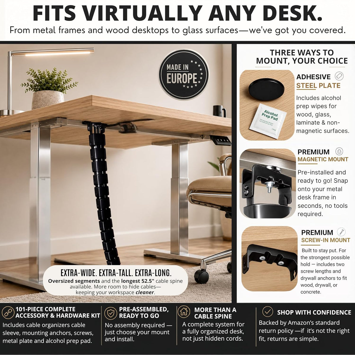 Under Desk Cable Management Spine, Standing Desk Wire & Cord Organizer, Adjustable 53 Inch Cable Spine, Magnetic & Screw-in Mount, Black Vertebrae, Snake, 101-Piece Kit, Cable Management Kit