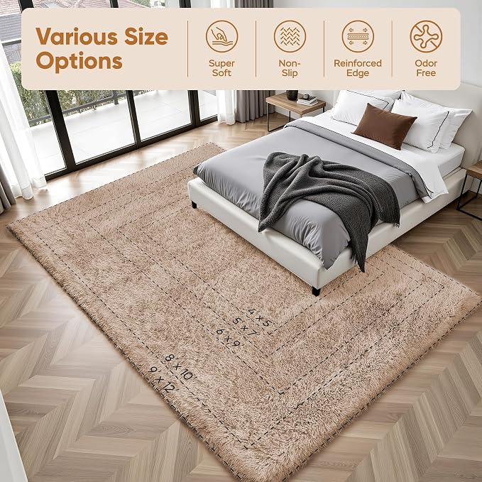 8x10 Area Rugs for Living Room Bedroom: Camel Soft Fluffy Shag Upgrade Non-Slip
