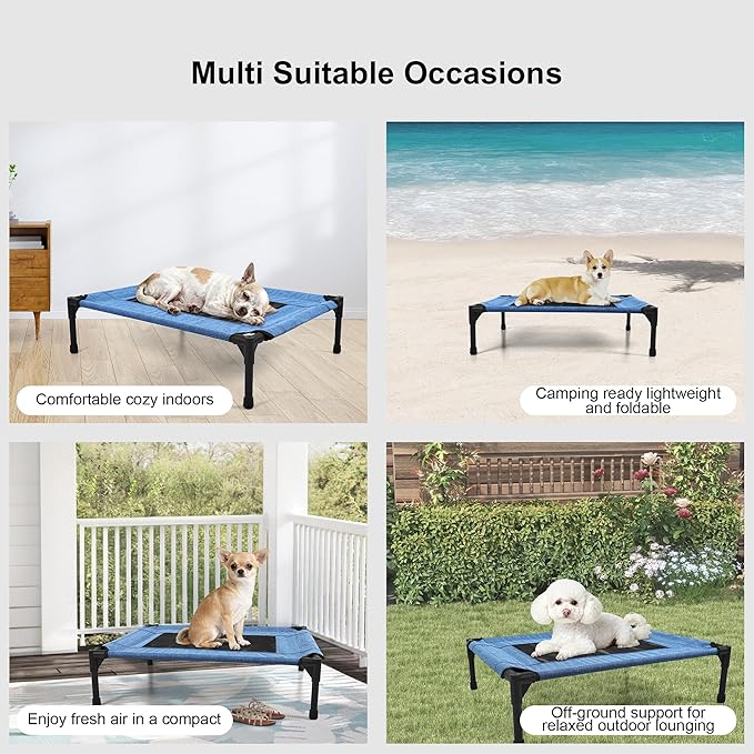 Raised Dog Bed Cooling Cot for Indoor Outdoor Use Portable Waterproof Mesh Pet Bed Washable for Large Medium Small Dogs, Blue