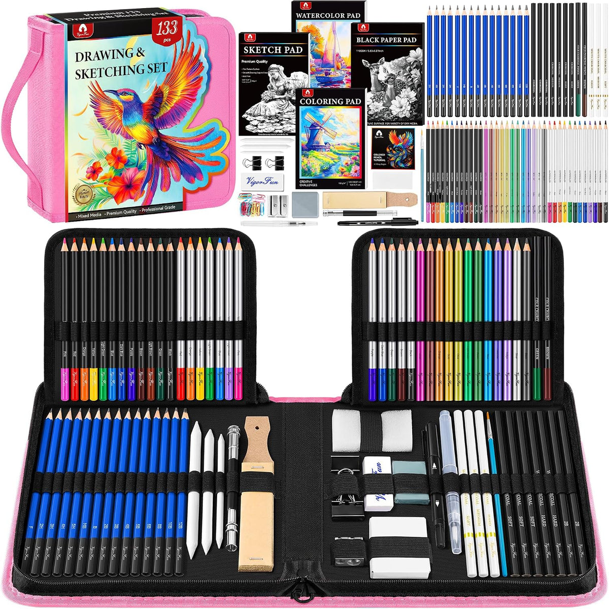 133 PCS Art Supplies Sketching Kit, Pro Drawing Pencils Art Kit Pink Gift