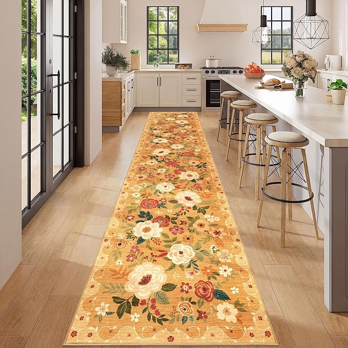 DUKINO 2.6x12 Kitchen Runner Rug, Lightweight Floral Washable Rug