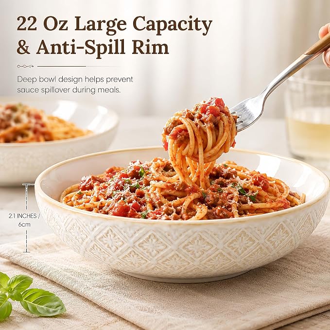 8 inch Pasta Bowls Set of 4, 22 Oz Ceramic Serving Bowls, Large Porcelain