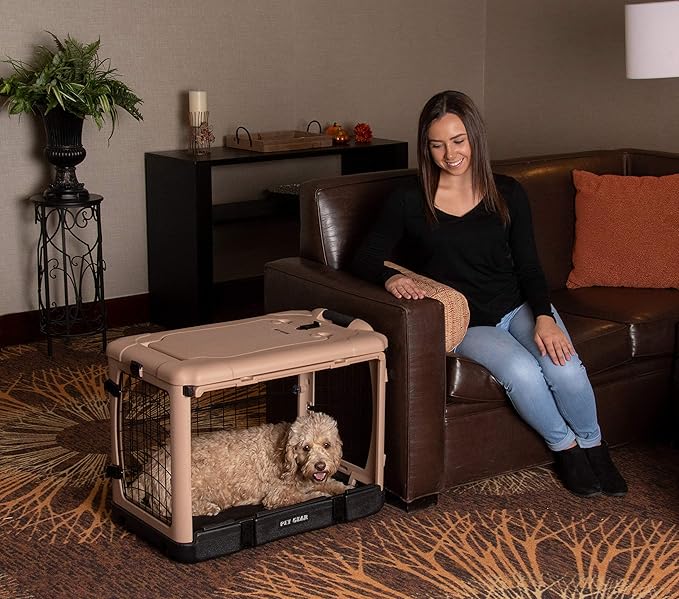 Pet Gear “The Other Door” 4 Door Steel Crate for Dogs/Cats with Garage-Style Door, Includes Plush Bed + Travel Bag, No Tools Required, Beige, 27 Inch