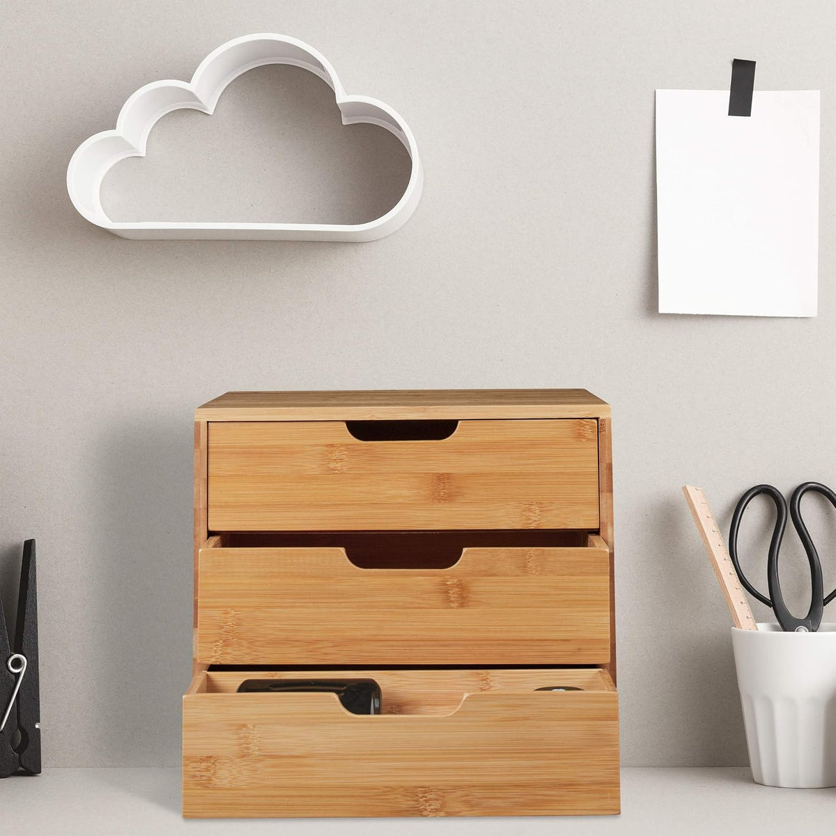 Relaxdays Desk Organiser, 3, Office Utensils, Bamboo Shelf, Drawer Box, HBT 26 x 30 x 31 cm, Natural, 1 Item