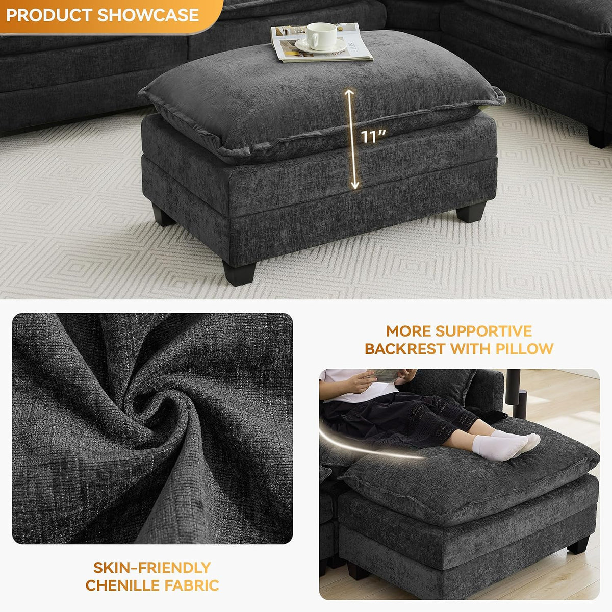 35‘’ Modern Chenille Cloud Sofa Ottoman,Rectangle Ottoman for Modular Sectional Sofa, Dark Grey