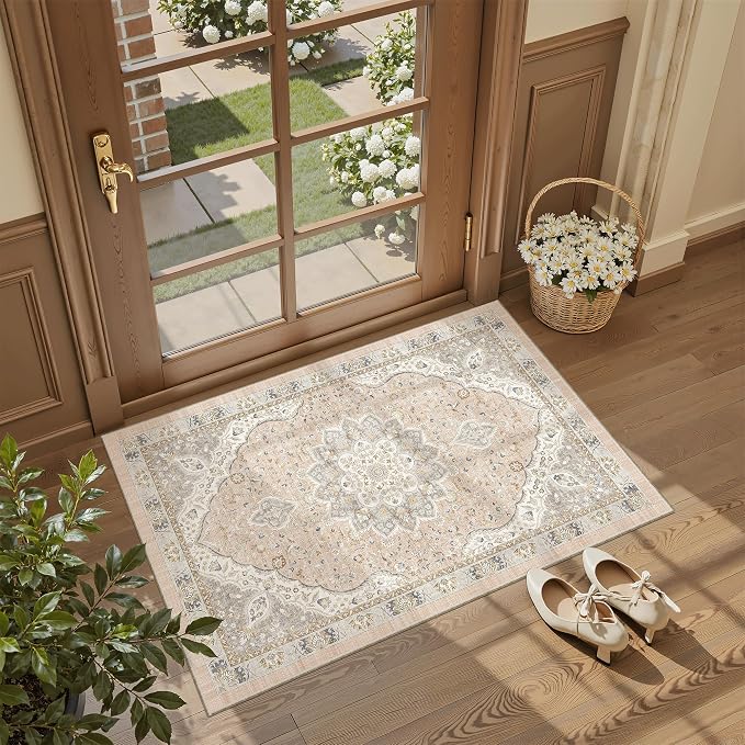 Madane Washable Area Rug 2x3, Small Entryway Rug Non-Slip Vintage Door Mat