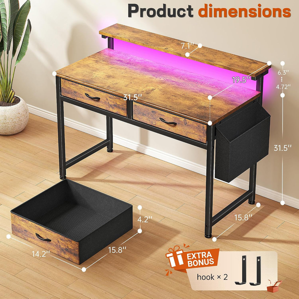 DurayLoly Gaming Desk with 2 Drawers &LED Lights,Space Saving,Rustic Brown