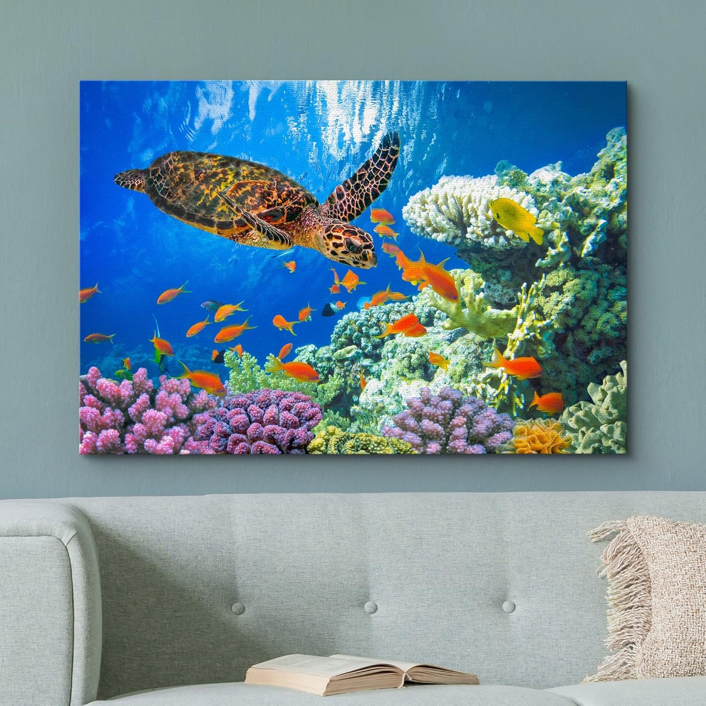 wall26 Canvas Print Wall Art Vibrant Neon Underwater Turtle, Reef & Fish Nature Animals Photography Realism Rustic Scenic Landscape Wilderness Colorful for Living Room, Bedroom, Office - 12"x18"