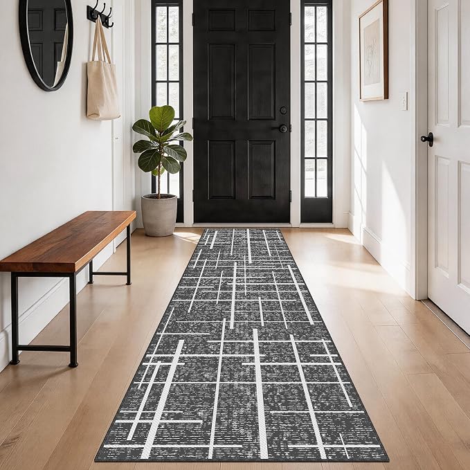 Non Slip Hallway Runner Rug 2x8, Modern Distressed Stripe, Washable Long Rug