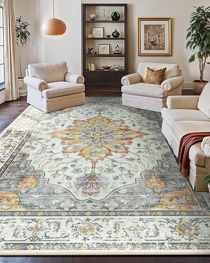 RELEANY Area Rugs Large 9'x12' Washable Non-Slip, Floral Vintage Distress