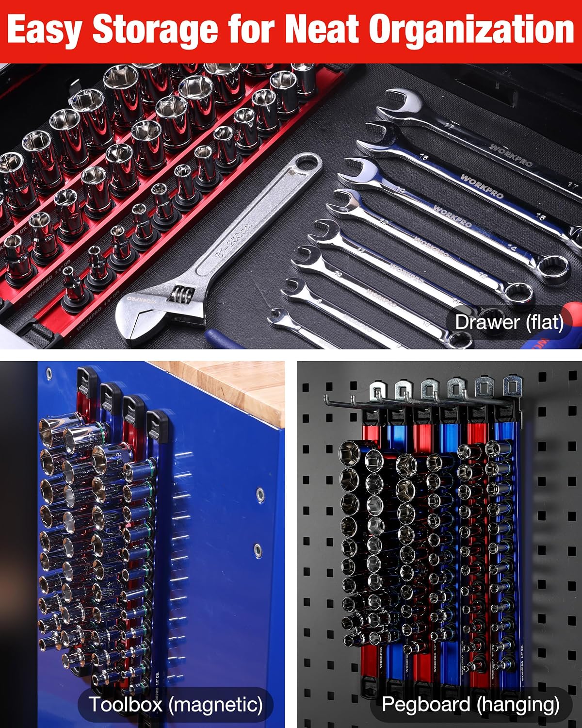 WORKPRO Magnetic Socket Organizer Set, 3-Piece 1/4” 3/8” 1/2” Socket Rails
