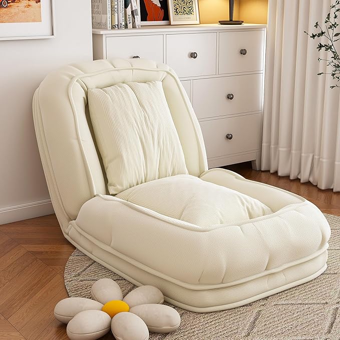 Oversized Human Dog Bed for Adult, Foldable Giant Human Pet Bed with 2 Soft Pillows, Large Sized Dog Sofa with 5 Adjustable Position for Humans, Metal Frame & Corduroy (White)