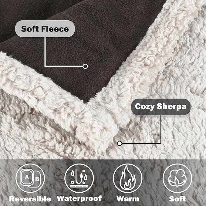 Kritter Planet Waterproof Pet Blanket for Bed, Reversible Sherpa Fleece Protector Couch Sofa Cover, Liquid Proof Furniture Protector for Medium Large Dogs