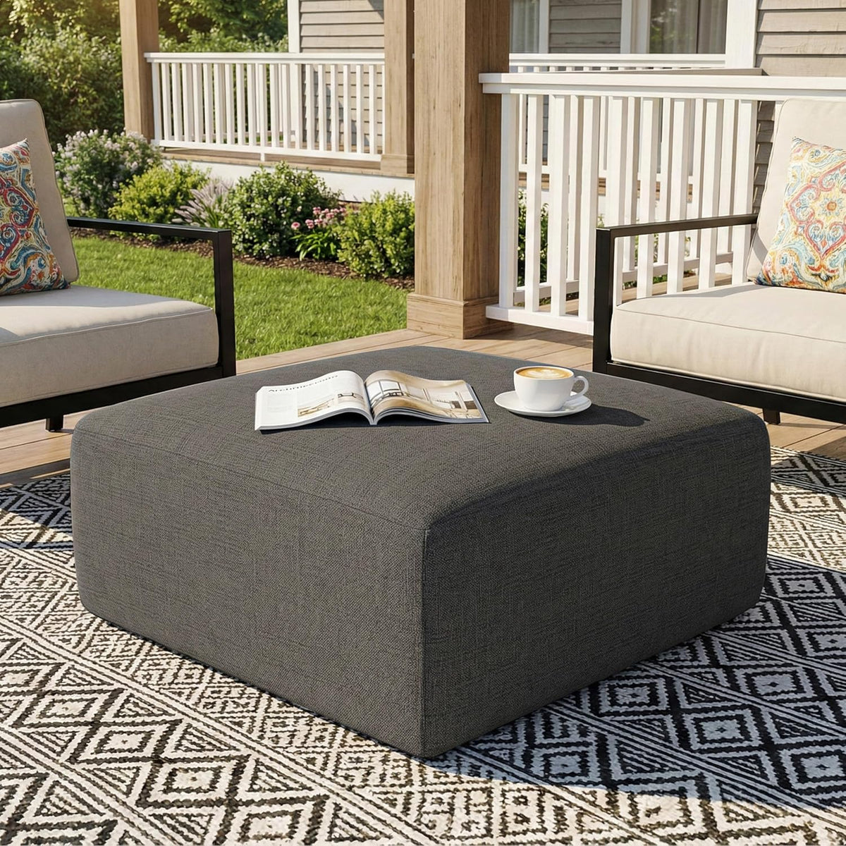 Square Outdoor Ottoman Pouf, 24" Waterproof Patio Foot Rest, Dark Gray