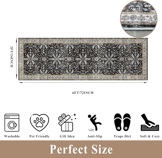 2x6 Washable Kitchen Runner Rug – Non-Slip Boho Vintage Carpet Runner
