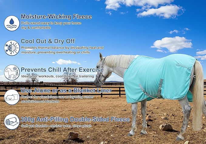 Horse Fleece Cooler, Blanket Liner - 300g Anti-Pilling Fleece, Moisture-Wicking, Cooling & Drying for Post-Workout, Bath & Travel, Prevent Overheating & Chilling Mintgreen 84
