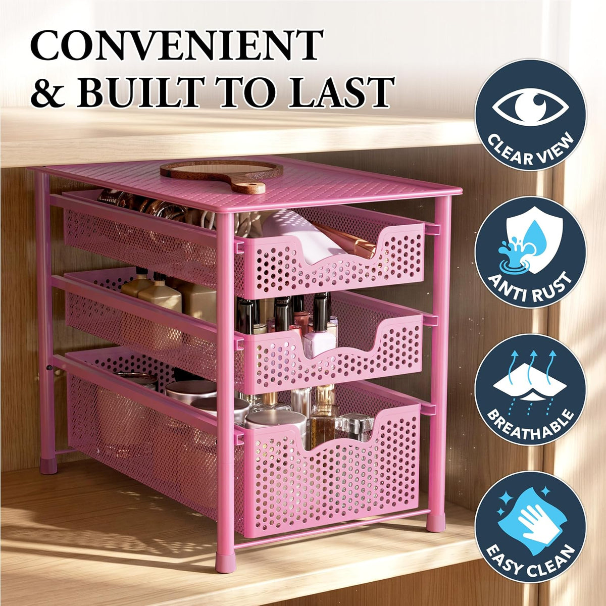 Simple Houseware Stackable 3 Tier Sliding Basket Organizer Drawer, Pink