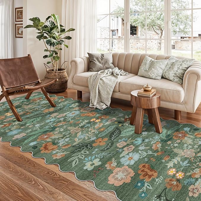 Washable 3x10 Hallway Runner Rug: Floral Scalloped Soft Runners