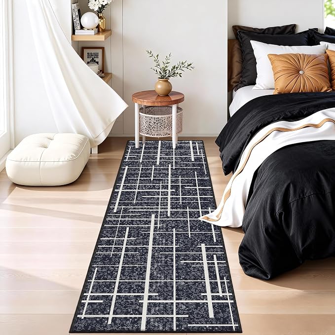 Non Slip Hallway Runner Rug 2x8, Modern Distressed Stripe, Washable Long Rug