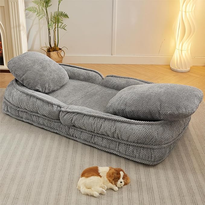 Human Dog Bed for Adult and Kids, Comfy Foldable Lazy Floor Sofa Bed with 5 Adjustable Position, Grey Upholstered Floor Bean Bag Lounger Chair for Bedroom, Living Room,Office (Gray.)