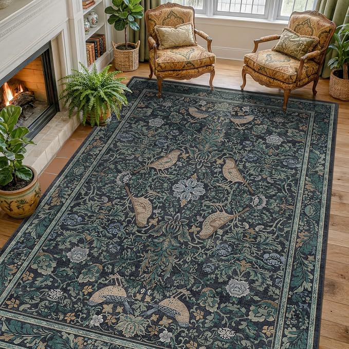 Washable 6x8 Blue Floral Area Rug