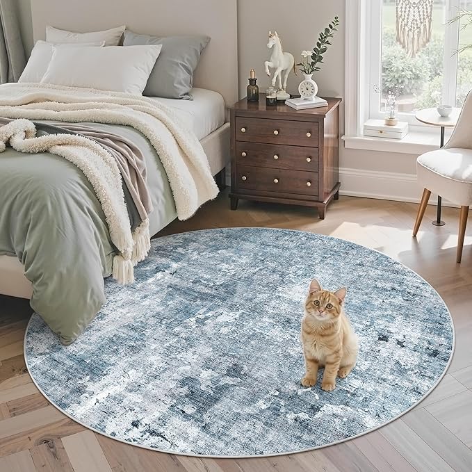 Soalmost 5x5 Blue/Grey Round Rug 5ft Living Room Circle Rug Vintage Round Area