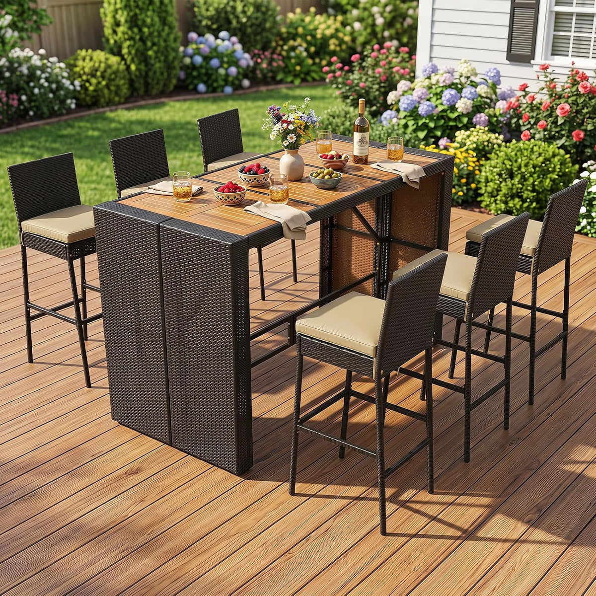 RELAX4LIFE 5-Piece Outdoor Bar Set - Wicker Rattan Bar Height Dining Table w/Acacia Wood Top 4 Bar Stools Chairs Seat Cushions Backrest Footrest Outside Patio Bistro Set for Backyard (Brown, 7-Piece)
