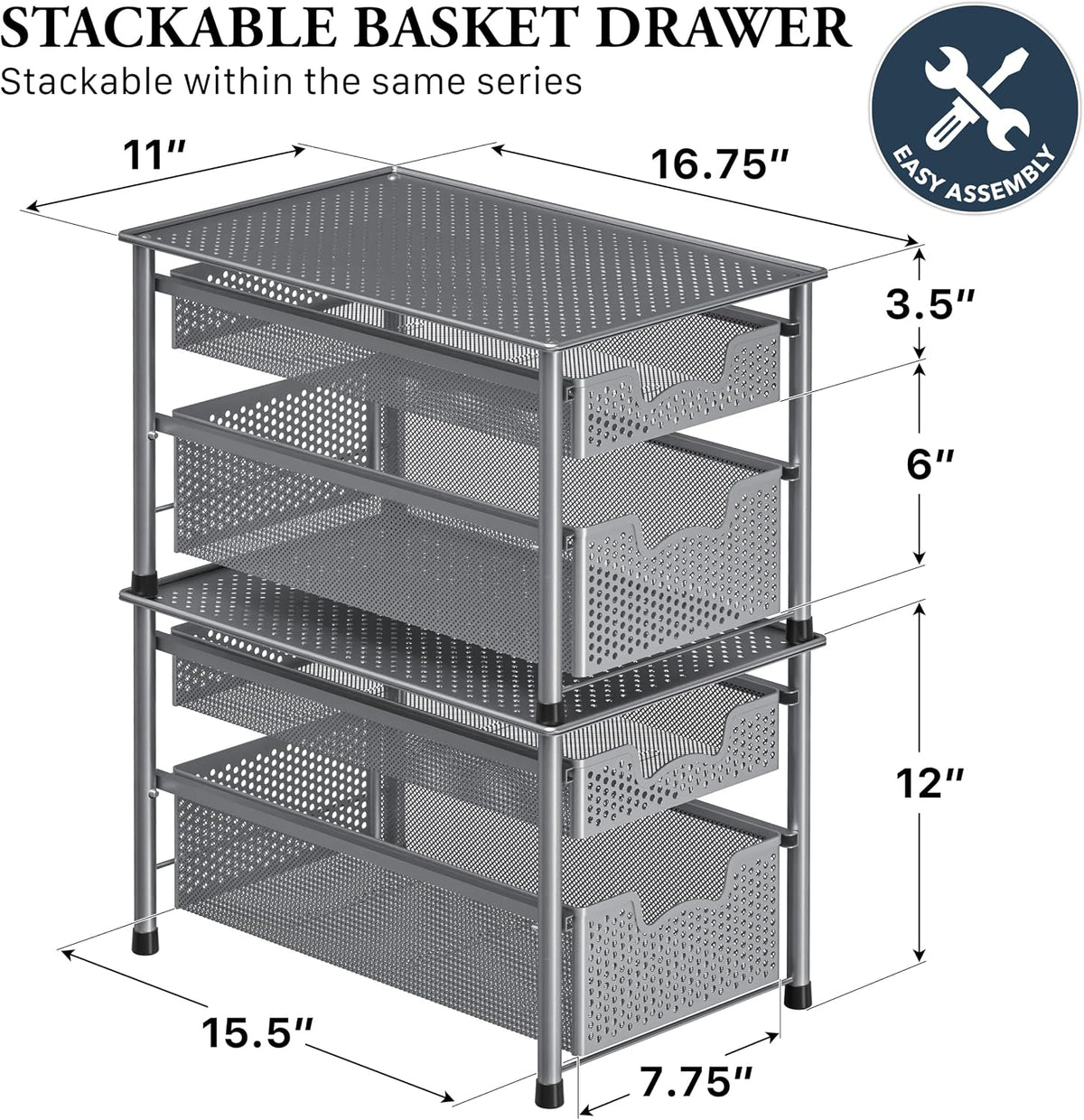 Simple Houseware Stackable 2 Tier Sliding Basket Organizer Drawer, Silver