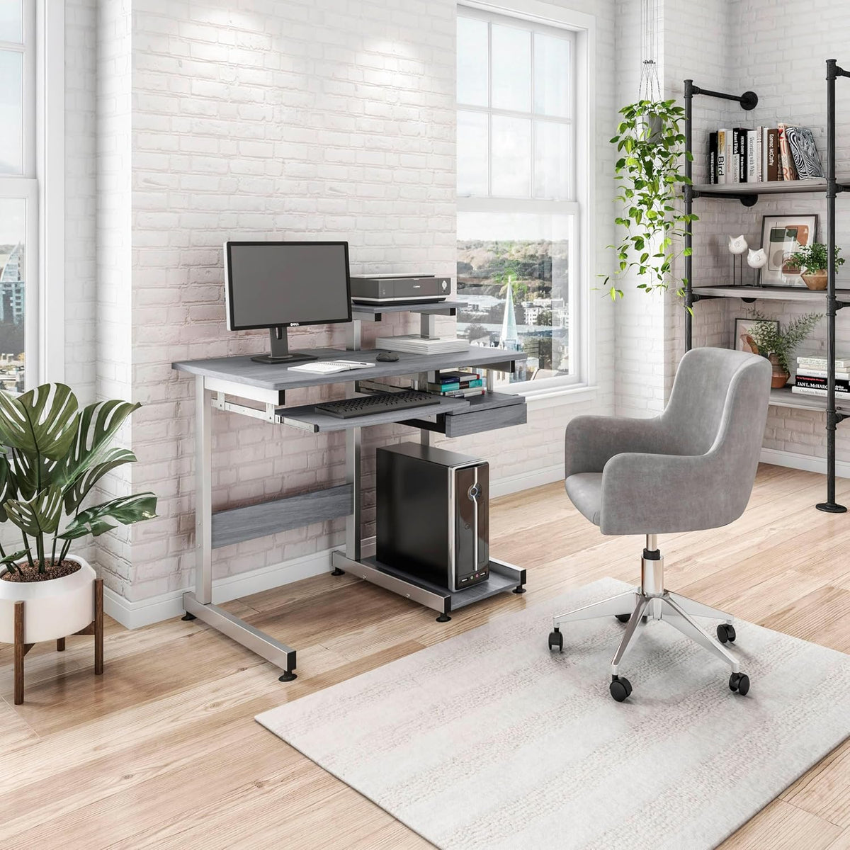 Techni Mobili 38"W Desk with Printer/Keyboard Tray & CPU Platform, Grey