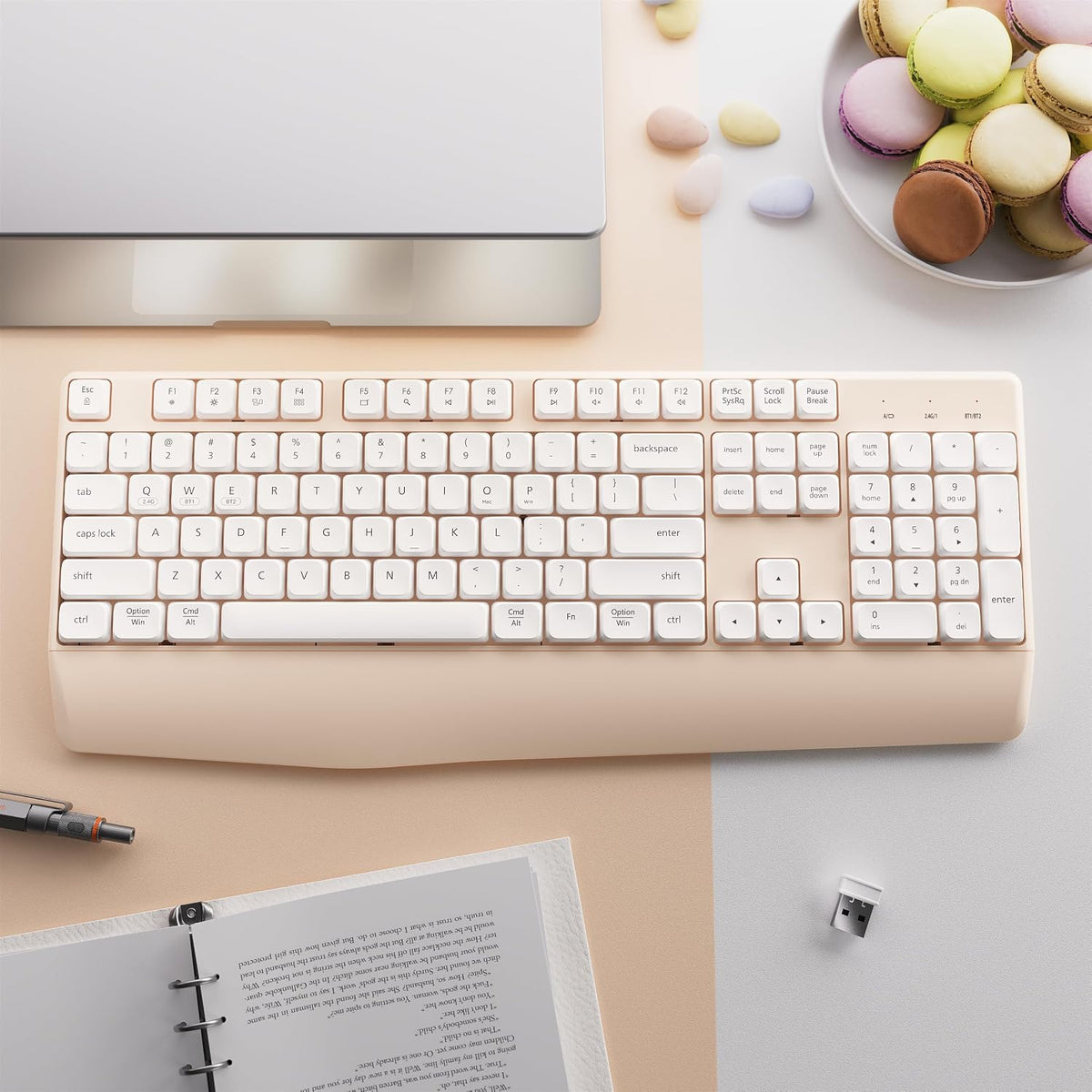 MPTOG Bluetooth Computer Wireless Keyboard with Wrist Rest (Khaki White)