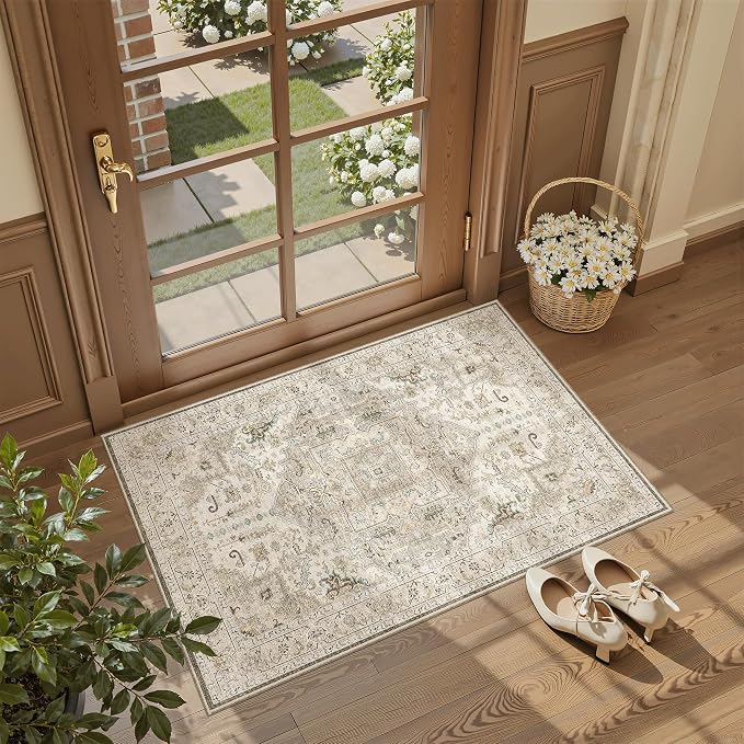 Madane Washable Area Rug 2x3, Small Entryway Rug Non-Slip Vintage Door Mat